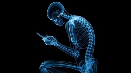 A detailed X-ray illustration showing a human skeleton using a mobile phone, poor posture effects, back and neck pain