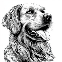 A black and white drawing of a golden retriever dog