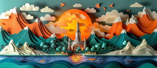 Capture the vibrant spirit of Bangkok with this intricate paper craft illustration, featuring the city's iconic structures like Wat Arun and the bustling Chao Phraya River. Illustration, Minimalism,