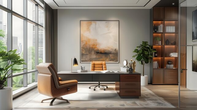 Trendy small office setup, elegant decor, stylish furniture
