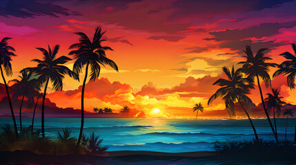 Fototapeta premium sunset beach with palm tree