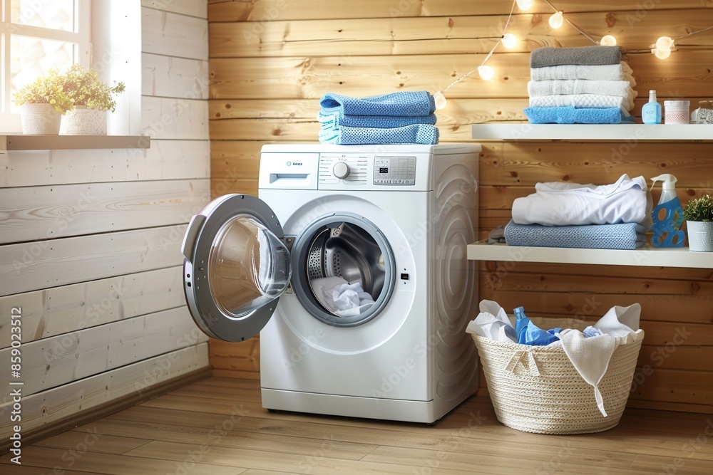 Poster a white washing machine with an open door reveals neatly folded clean laundry. the machine is locate