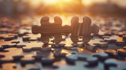 Two wooden jigsaw puzzle pieces connected together, symbolizing strategic partnership, with a sunset background and scattered puzzle pieces.