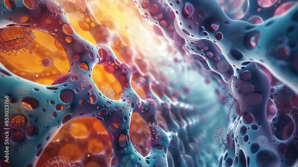 Poster Abstract 3D rendering of a cellular structure with a glowing orange and blue color scheme.