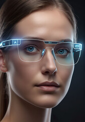portrait of a woman Women Wear Ai Glasses laptop on a table Women wear Ai glasses Technology 