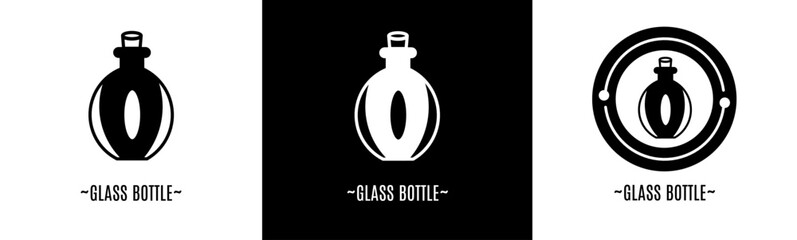 Glass bottle logo set. Collection of black and white logos. Stock vector.