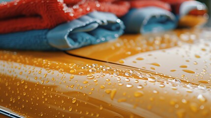 Close-up of water droplets on a shiny yellow surface.