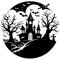 Halloween house with bats silhouette illustration 