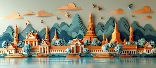 Experience the vibrant energy of Bangkok with this stunning paper craft, capturing the city's famous landmarks and bustling street scenes in intricate detail. Illustration, Minimalism,