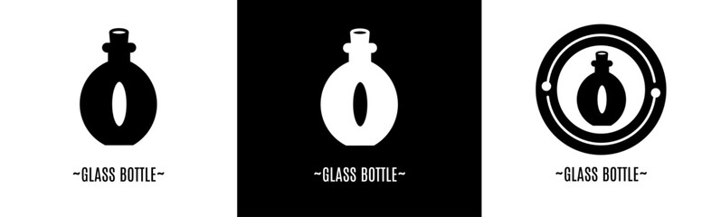 Glass bottle logo set. Collection of black and white logos. Stock vector.