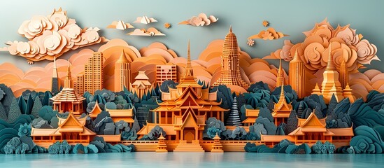Immerse in Bangkok's vibrant culture with this detailed paper craft illustration showcasing the city's famous temples, lively street markets, and modern skyline. Illustration, Minimalism,