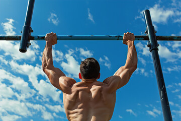 Man doing pull-ups on bar, upper body strength, outdoor fitness park, blue sky.