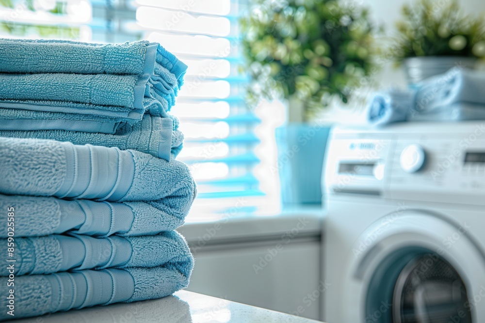 Aufkleber Close-up of a stack of blue towels neatly folded on a counter in a laundry room. A washing machine is visible in the background. Generative AI