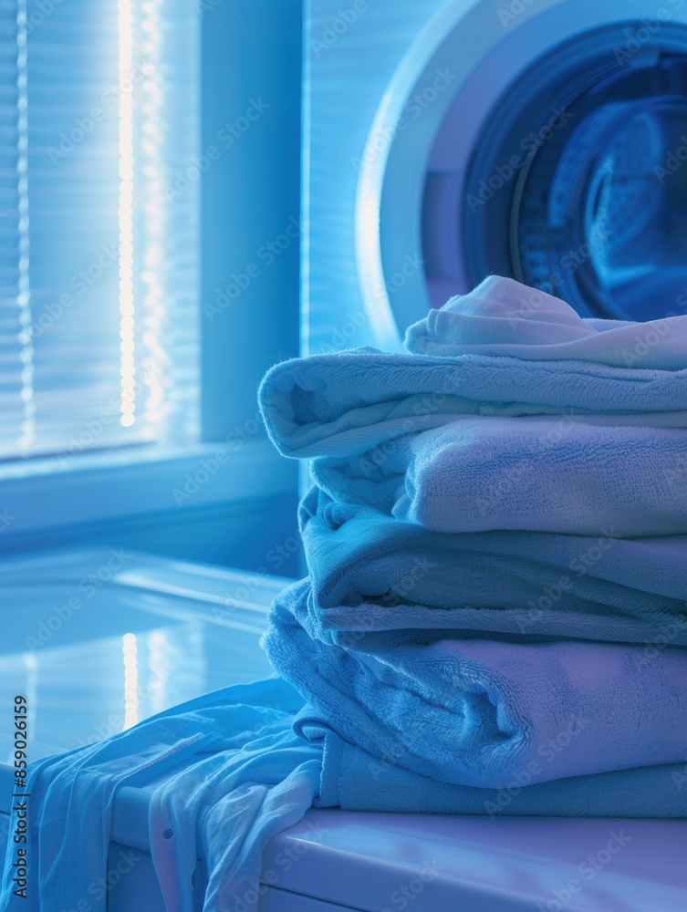 Poster a stack of neatly folded clean laundry sits on a washing machine in a laundry room illuminated by a 