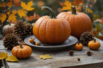 Herbstliches Stillleben, Kürbiss und orange farbige Trockenblumen auf einem alten Holztisch, Halloween mit Kürbis
