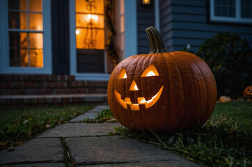 Obraz premium Halloween Kürbislaterne vor einem Haus bei Nacht