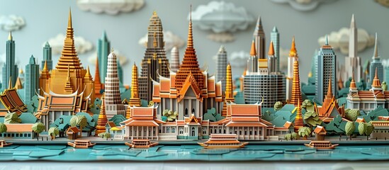 Obraz premium This intricate paper craft of Bangkok cityscape beautifully depicts the city's famous landmarks, from historic temples to modern skyscrapers, making it a best-selling illustration. Illustration,