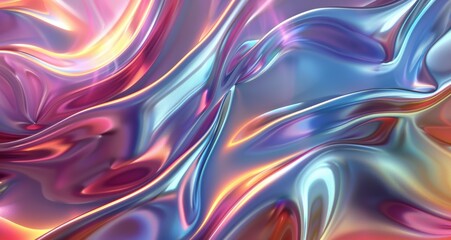 Obraz premium Abstract holographic neon curved wave with vibrant colors, showcasing a fluid, dynamic, and futuristic design on a smooth, glossy surface