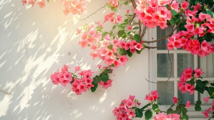 Fototapeta premium flowers blooming on a creamy white house 