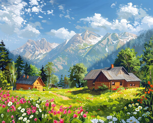 Oily painted summer landscape with wooden houses, flowers, trees and mountains in background © Rehana