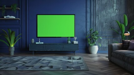 Modern Television with Chroma Key Green Screen in Living Room