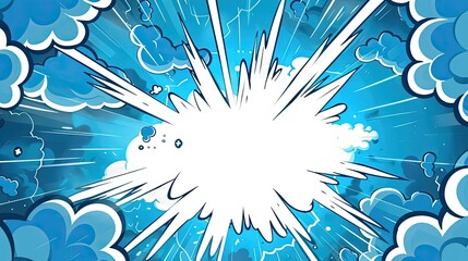 Blank comic cartoon blue white background with thunder lightning. 