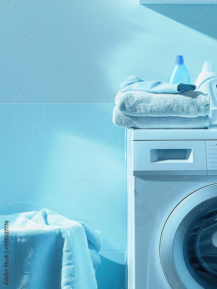 Poster a close-up of a white washing machine with a pile of neatly folded clean laundry on top of it, in a 