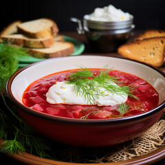 Traditional polish red borscht with sour cream and dill.