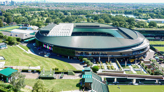 A stunning aerial view of Wimbledon, showcasing the iconic All England Lawn Tennis and Croquet Club