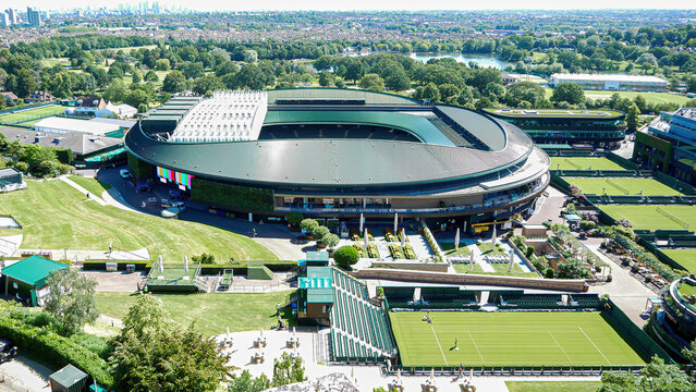 A stunning aerial view of Wimbledon, showcasing the iconic All England Lawn Tennis and Croquet Club