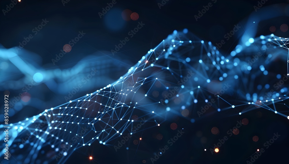 Poster abstract blue digital background with glowing dots and network lines, technology concept for web des