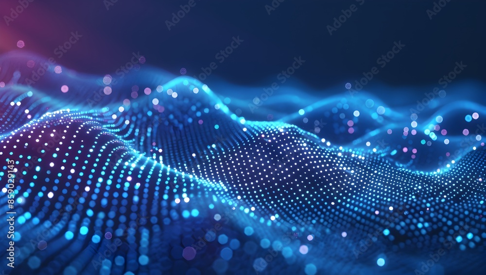 Poster abstract digital background with blue dots and lines forming the shape of an infinite wave, symboliz