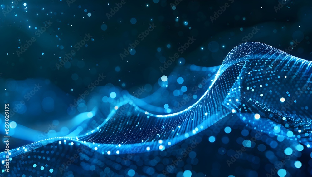 Poster abstract digital background with blue dots and lines forming the shape of an infinite wave, symboliz