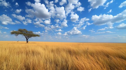 Obraz premium A lone tree stands tall in a vast golden field with a clear blue sky and fluffy white clouds.