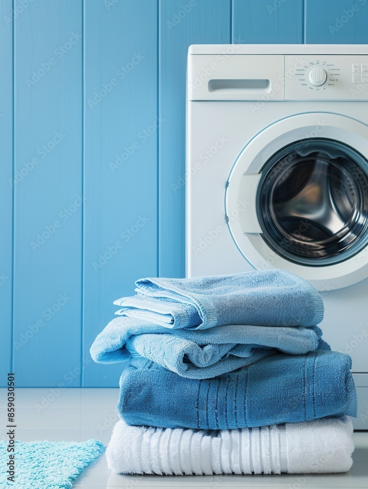 Poster a stack of neatly folded, clean laundry sits beside a white washing machine. the laundry is in a mod