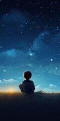 Fototapeta premium boy sitting against the background of the starry night sky, children's dreams, fantasies, background wallpaper