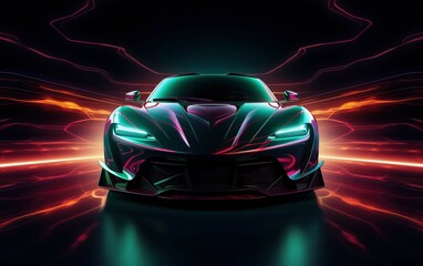 futuristic sports car in neon light close-up