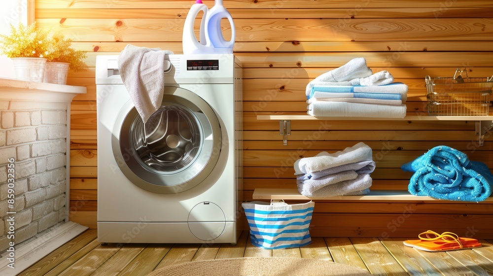 Poster a washing machine in a laundry room with neatly folded clean laundry on shelves and a basket. genera