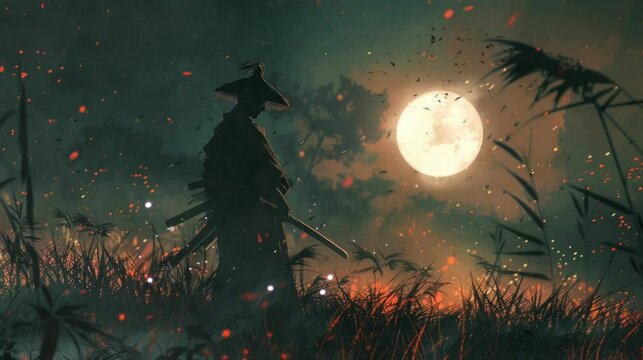 landscape silhouette of a samurai holding a samurai sword. Virtual 4K video animation background with looping time lapse with very smooth graphics.