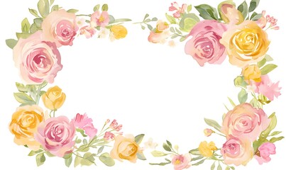 watercolor frame pink and yellow roses and green leaves on white background, Generative AI