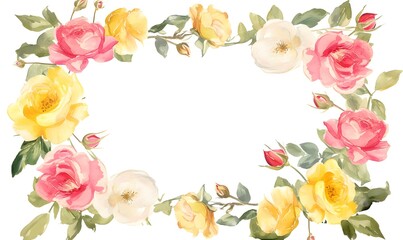 watercolor frame pink and yellow roses and green leaves on white background, Generative AI