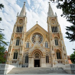 Obraz premium A stained glass window in a Singapore synagogue features a Star of David in blue and white glass as an architectural feature. Generative AI