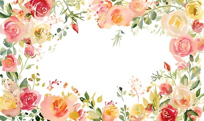 watercolor frame pink and yellow roses and green leaves on white background, Generative AI
