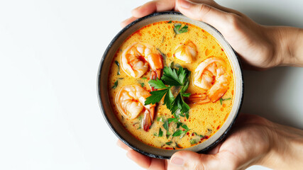 Top view of hands holding traditional Thai Prawn Coconut Milk soup on white background, copy space