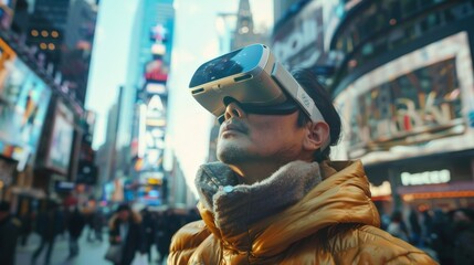 Obraz premium Visualize a person using augmented reality glasses to navigate a new city, with real-time information and directions overlaying their view, making exploration intuitive and interactive.