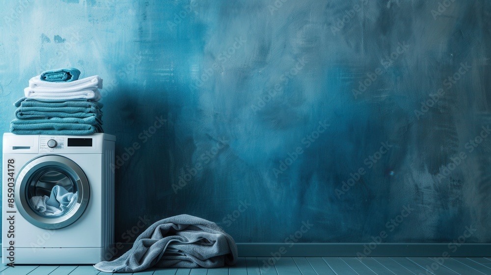 Poster a white washing machine sits in a laundry room with a blue wall, a stack of neatly folded towels, an