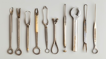 Vintage medical tools arranged in a row on a gray background.