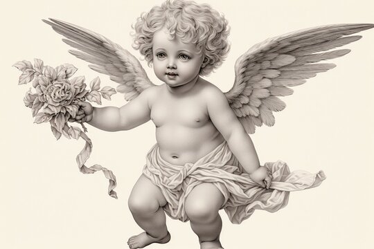 recommend clip art: Detailed line art sketch of cupid angel with bow and arrow in engraving style generated by ai