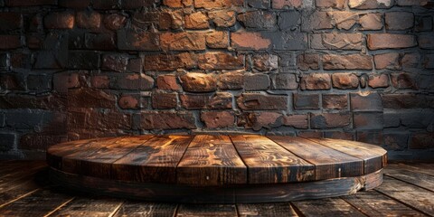Rustic Wooden Platform Against a Brick Wall
