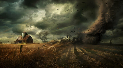 Fototapeta premium Rural farmhouse and barn being engulfed by a massive tornado with swirling debris, under a sky filled with ominous black clouds